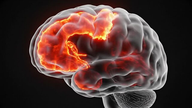 Cerebral human brain silhouette filling glowing liquid light medical stroke animation, 4K realistic graphic showing vascular attack on black background for neurology education