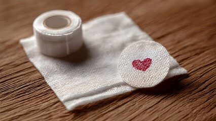 Fototapeta premium Still Life Photography of a Small Heap of White Plaster with Heart Icon, Medical First Aid Concept, Healing and Recovery Symbol, Healthcare Treatment Elements Isolated on Neutral Background