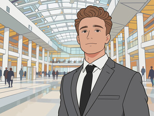 Fototapeta premium Businessman stands in modern office lobby while people walk around during a busy workday in a corporate environment