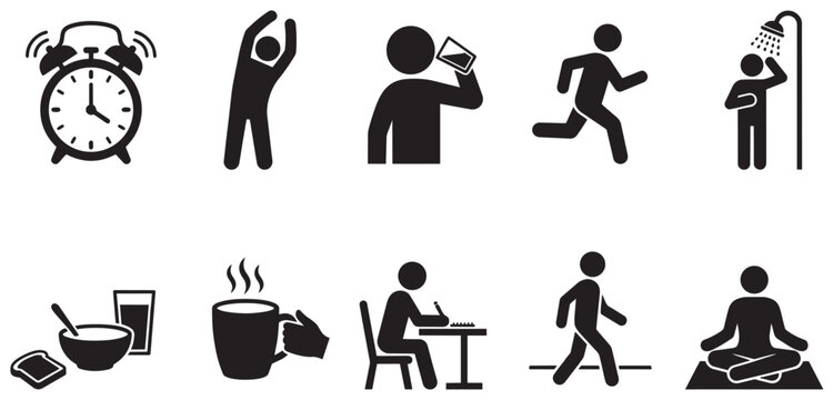A collection of black pictogram icons depicting common daily activities such as waking up, exercising, showering, eating, working, and meditating on a white background.