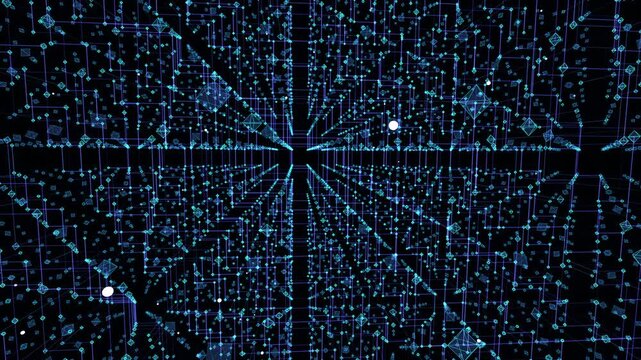 Macro quantum repeaters align to form glowing blue cryptographic bridges in a deep void. Represents absolute data secrecy, great for fintech and blockchain pitch decks.