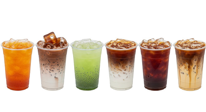 Assorted flavors of cold drinks with ice in clear plastic cups isolated on transparent background
