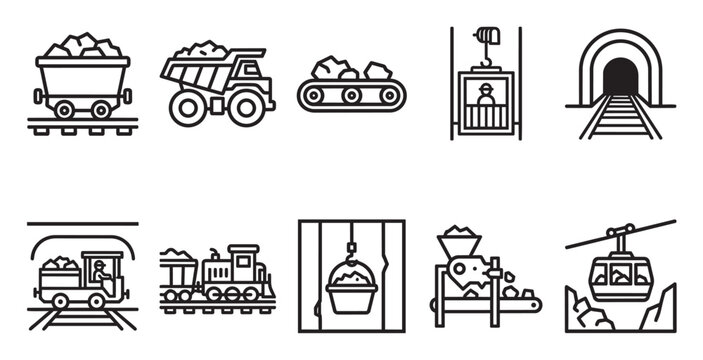A collection of black and white line art icons depicting various aspects of the mining industry, including transportation, machinery, and extraction processes.