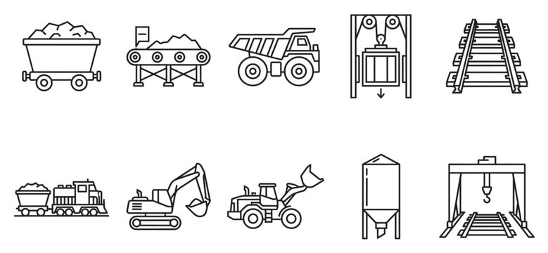 This collection features clean, outline style icons representing various mining equipment and elements for industrial concepts.