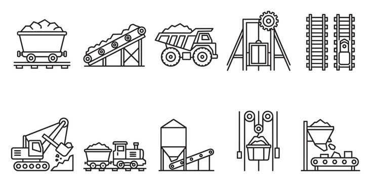 A collection of line art icons representing mining operations including dump trucks conveyor belts trains and excavators for industrial and resource extraction themes.