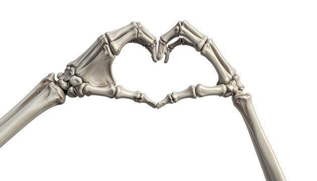 A medical illustration presents a pair of skeletal hands forming a heart shape, set against a pristine white background. The bones show intricate anatomical detail