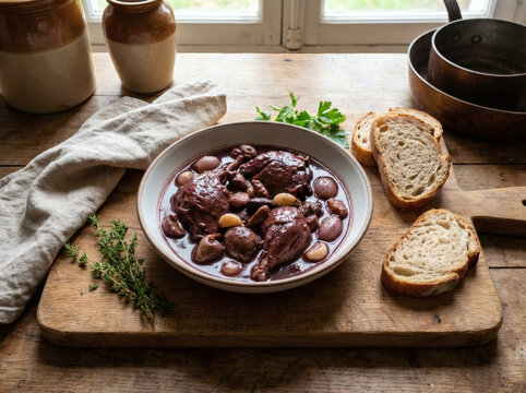 Salmis de Palombe Wild Pigeon Stew in Rustic Farmhouse Kitchen