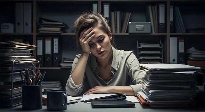 Stressed exhausted woman working late in dark office with piles of paperwork and documents feeling professional burnout