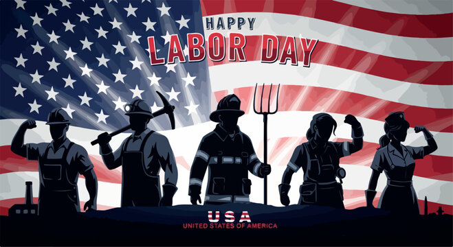 Happy Labor Day USA Banner with Silhouettes of Workers and American Flag Background
