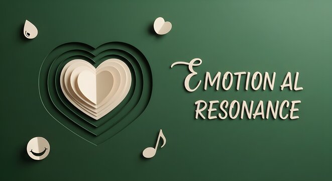 Paper Cut Emotional Resonance Concept with Layered Heart Ripples, Tear Drop Smile Music Note Icons, Elegant Script on Velvet Green Background