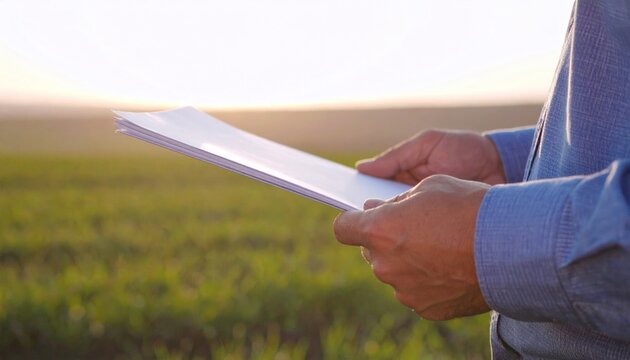 Man Holding Documents in Field at Sunset.