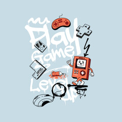 Play Game level Up Graffiti video game pad vector illustration graphic tee © Saranya