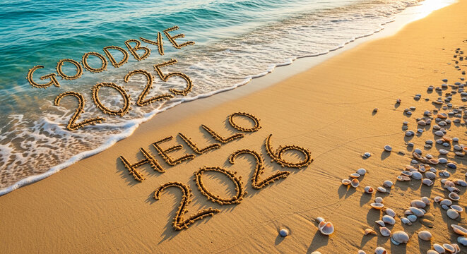 Sandy beach with ocean waves and text "Goodbye 2025" and "Hello 2026", representing transition, change, new year, and time passing