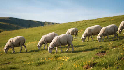 Fototapeta premium Sheep grazing on green hillside