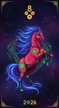 Graphic image of magenta horse with blue mane on starry background, year 2026 below, and coins. Representative of year of the Horse, astrology