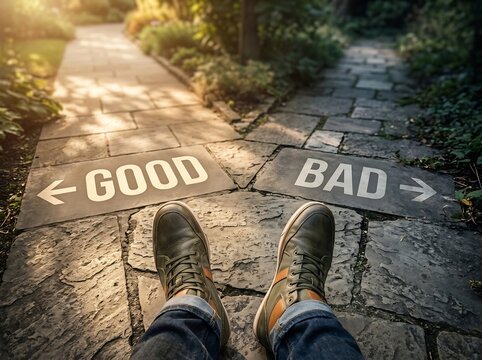 Man standing at a fork in the road with choices labeled good and bad