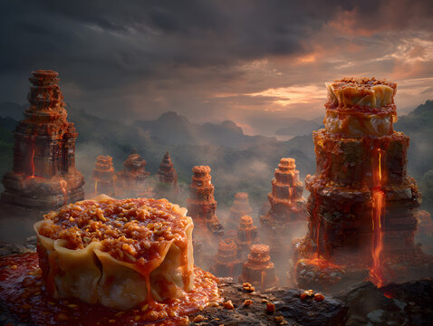 A dramatic, surreal scene featuring a steaming siomay Bandung (Indonesian steamed dumpling) surrounded by towering, ancient ruins under a moody, stormy sky