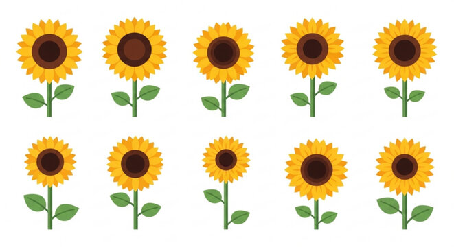 Vibrant yellow sunflowers with green stems and leaves on white background floral pattern