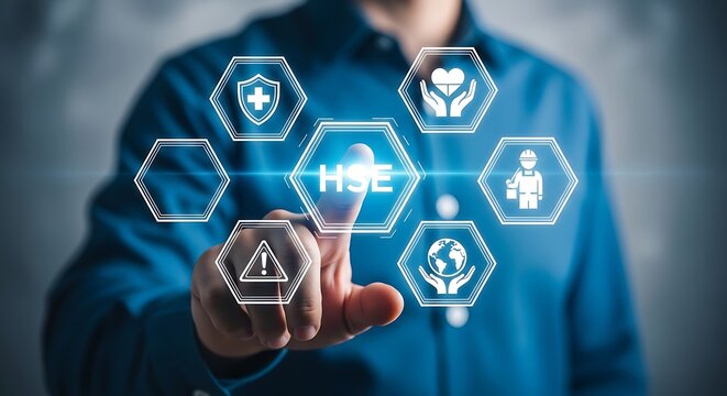 Professional manager interacting with digital health safety and environment hse management system interface screen