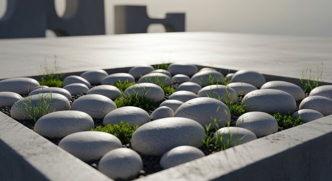 Smooth Pale Grey River Stones Arranged with Lush Green Grass in an Outdoor Setting
