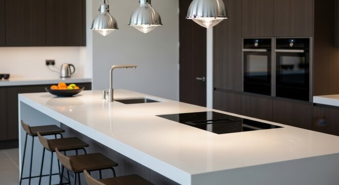 A sleek modern kitchen island with seamless white quartz countertop, integrated cooktop, and stylish pendant lighting