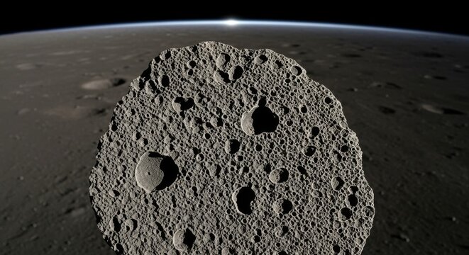Detailed texture of a porous, vesicular basalt asteroid fragment in the vastness of space with a distant planet horizon.