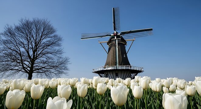 Classic historic windmill standing tall behind a field of vibrant white spring tulips under a bright clear blue sky