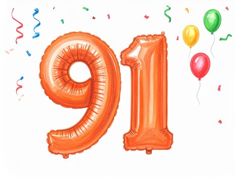 Pencil drawing of orange number 91 balloon. Sketch for birthday or anniversary party