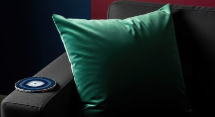 Fototapeta premium Rich Emerald Green Velvet Throw Pillow Adds Luxurious Comfort to Modern Home Decor