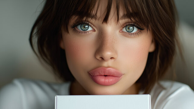 Young Person Biting Lip in Anticipation Holding Blank Package Toward Camera

