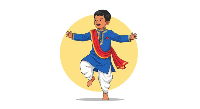 Young Indian boy in traditional blue kurta and white dhoti dancing joyfully
