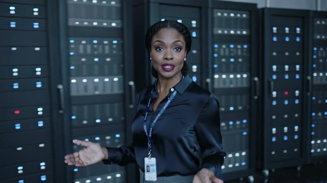 African American woman in black blouse and gray pants walks through a server room, gesturing towards data storage units with illuminated panels and sleek modern design