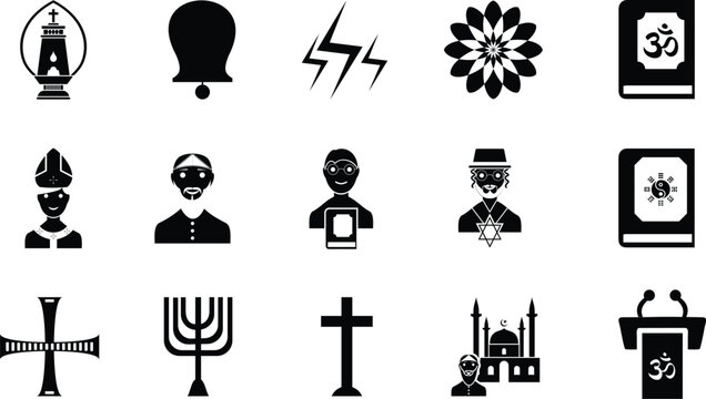 Collection of black and white religious icons depicting diverse faiths and spiritual symbols globally