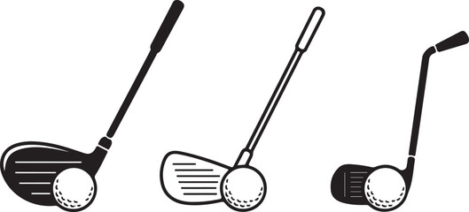 Collection of golf club and ball icons presenting different views for sports design. © MD