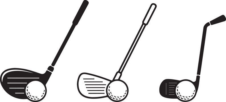 Collection of golf club and ball icons presenting different views for sports design.