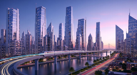 Fototapeta premium Cityscape with tall, modern buildings, a river, and moving transportation, representing urban development, progress, and contemporary architecture
