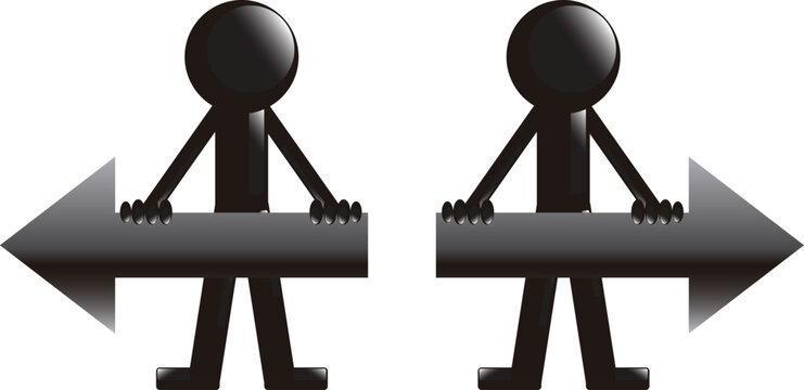 Two black stick figures holding large dark arrows pointing in opposite direction sides now