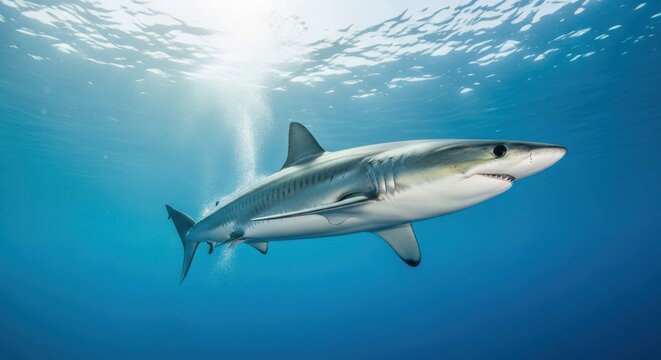 A powerful Mako shark glides through the sunlit ocean depths, a blur of speed and motion captured underwater.