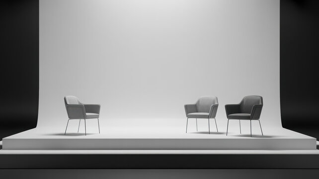 Minimalist Interior: Modern Grey Chairs on White Platform Stage Mockup