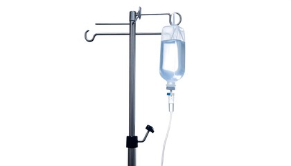 Fototapeta premium A medical intravenous drip bag hangs on a metal stand, the clear fluid ready for administration. It?s set against a clean white background