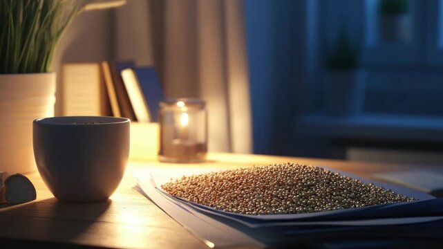 A cozy evening scene with beads spread out on a desk in front of a candlelit table, evoking creative and crafty ambiance.