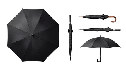 Comprehensive studio shot of a black umbrella displaying an overhead view, a vertical folded profile. © Sharon