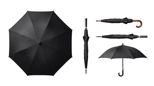 Comprehensive studio shot of a black umbrella displaying an overhead view, a vertical folded profile.