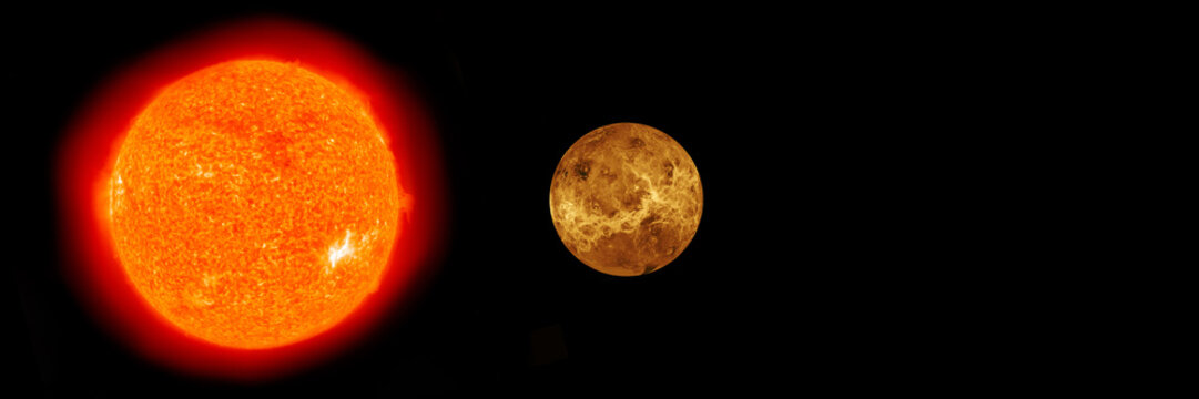 Sun and Venus planet comparison isolated on black background, header or banner design. Elements of this image furnished by NASA.