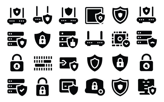 Black and white digital icons of locks shields and security symbols for cybersecurity and data protection concepts