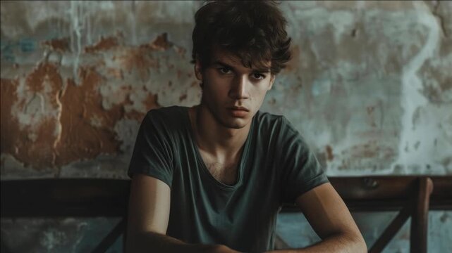 Young man sits against weathered brick wall. His gaze meets the camera with quiet intensity. Dark hair and simple shirt add to his raw appeal. The setting feels gritty, textured, and aged