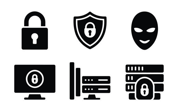 Cybersecurity icons set including lock shield hacker mask secure computer server and data storage with padlocks
