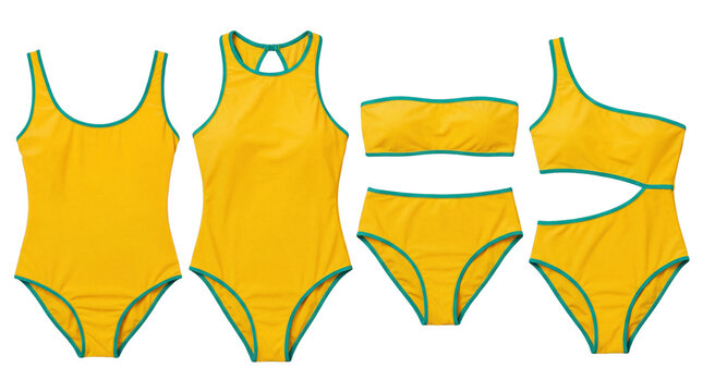 Modern collection of yellow and teal women's swimwear styles, including one-piece, bikini, and unique designs, isolated.