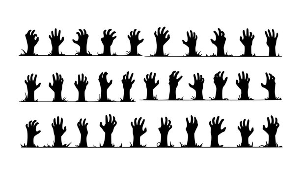 Spooky zombie hands silhouette collection with chaotic rising arms and eerie horror shapes in vector design