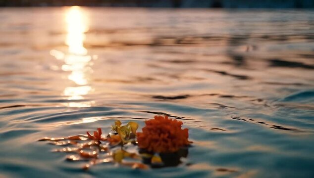 Ganga Dussehra Ritual with Floating Marigolds on River Ganges